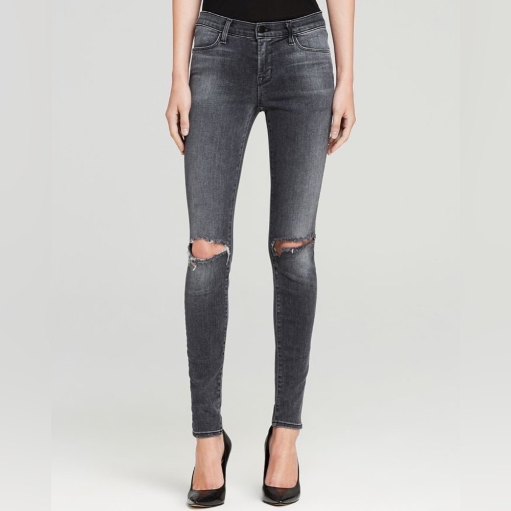 J Brand Mid Rise Nemesis Gray Distressed Blowout Knee Super Skinny Jeans EUC 27